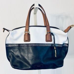 Fossil Julia Satchel Bag Black White Leather, Removable Strap